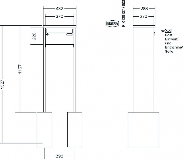 RENZ Briefkastenanlage freistehend, Tetro, Kastenformat 370x220x270mm, 1-teilig, zum Einbetonieren